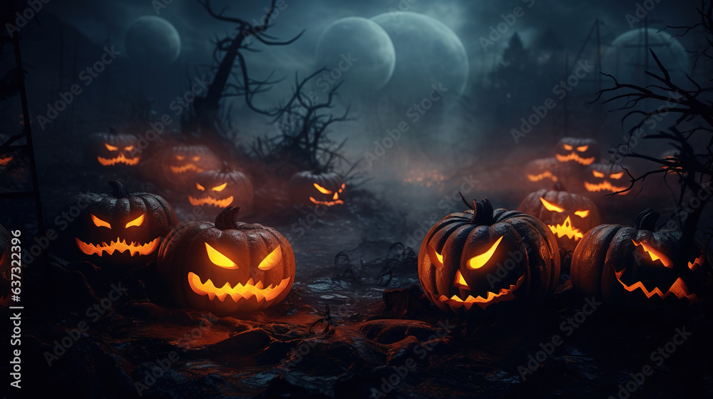 Halloween Pumpkins in the Woods.Generative Ai Halloween Pumpkins in the Woods.Generative Ai