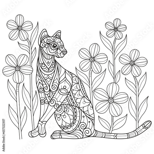Cat in flower garden hand drawn for adult coloring book