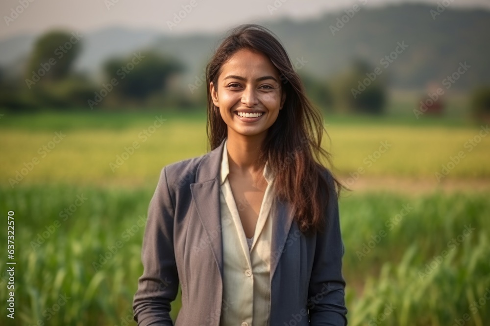 Medium shot portrait of an Indian woman in her 30s wearing a classic blazer in an indian rural landscape Medium shot portrait of an Indian woman in her 30s wearing a classic blazer in an indian rural landscape