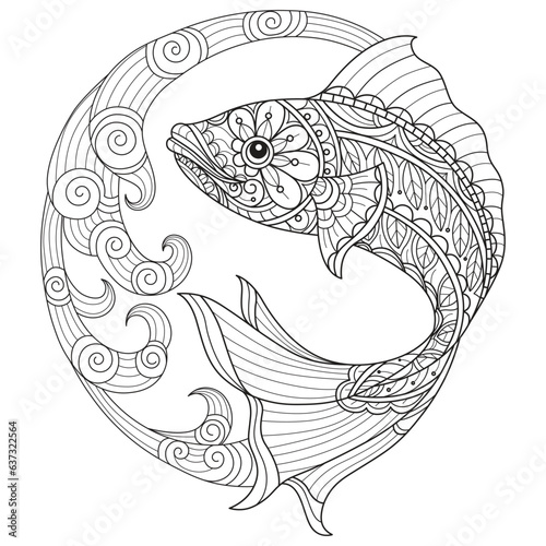 Big fish and sea waves hand drawn for adult coloring book photo