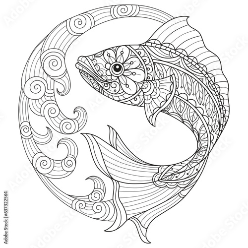 Big fish and sea waves hand drawn for adult coloring book