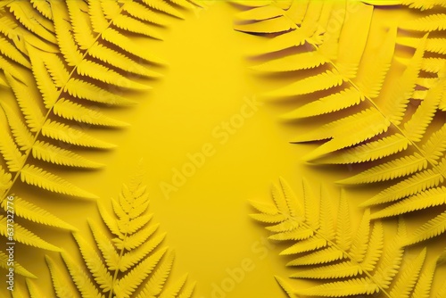 Stylish fluorescent color pattern created with fern leaves. Flat lay in vivid yellows. Nature concept