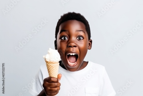 Surprise African Boy Holds And Eats Ice Cream On White Background . Сoncept Joy Of Unexpected Treats, Ethnic Variety In Representation, Power Of Colorful Imagery, Bonding Through Food