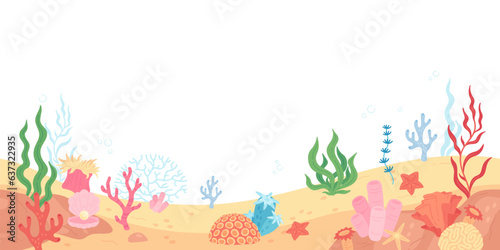 Seabed horizontal seamless border  underwater world with corals  seashells and seaweed. Cartoon ocean floor scene  sea bottom  undersea marine life vector illustration on transparent background