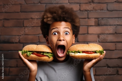 Surprise African Boy Holds And Eats Sub Sandwich On Brick Wall Background. Сoncept African Representation In The Media, Unconventional Lunch Experiences, Fun Surprises In Everyday Life