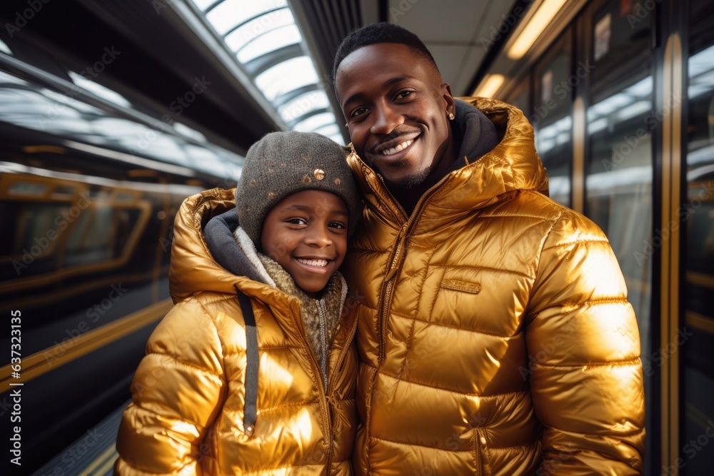 Surprise African Father And Son Stand In A Gold Puffer On On A Train. Сoncept Traveling In Style, Family Reunions, African Fathers Sons, Surprises On A Train