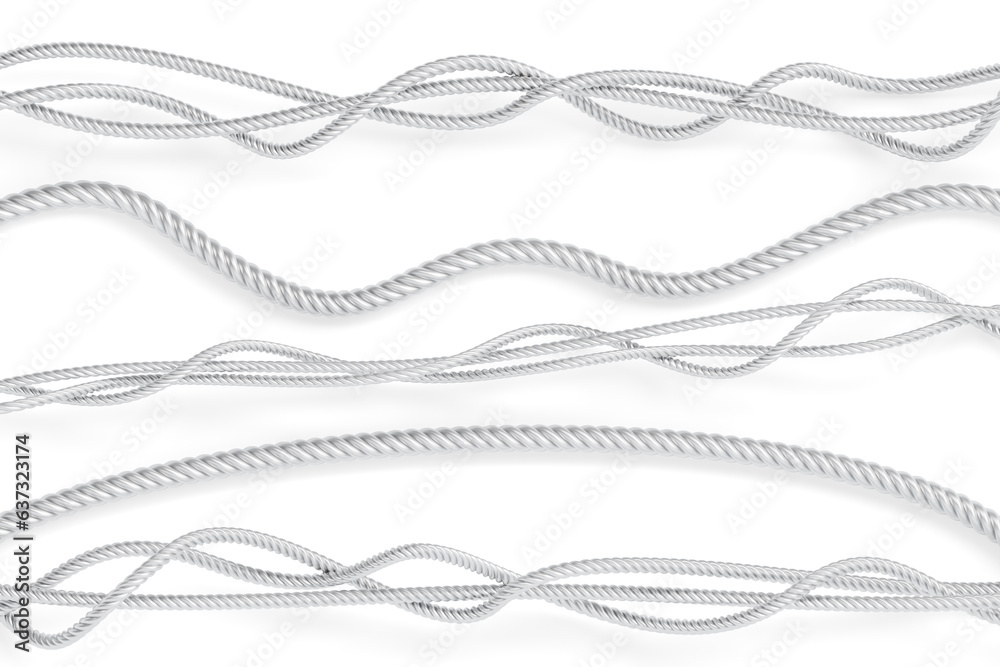 Metal rope, steel cord, silver twisted twines, cables or strings, 3d render set. Decorative sewing items or industrial objects isolated on white background. Straight and wave threads. 3D illustration - obrazy, fototapety, plakaty 