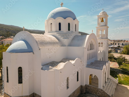 Aerial photo of Agioi Anargiroi church in Agistri on a beautiful spring day photo