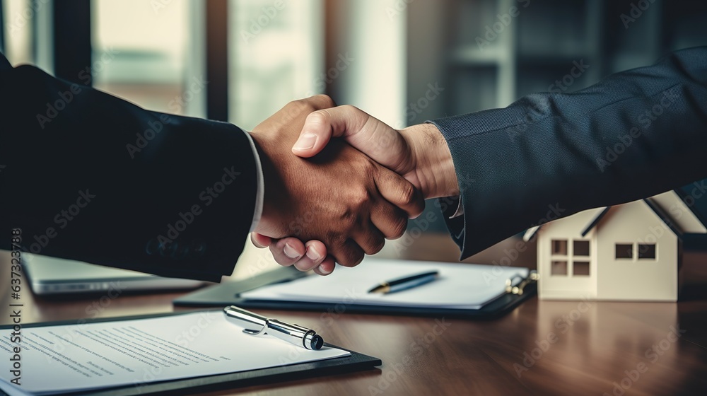 Real estate agent formally engages in a handshake with the purchaser following the finalization of the contract, generative Ai