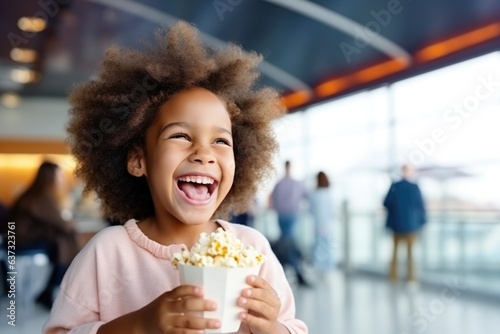 Happiness African Girl Holds And Eats Popcorn On At The Airport. Сoncept African Happiness, Airport Snacks, Girl Power, Popcorn Cravings