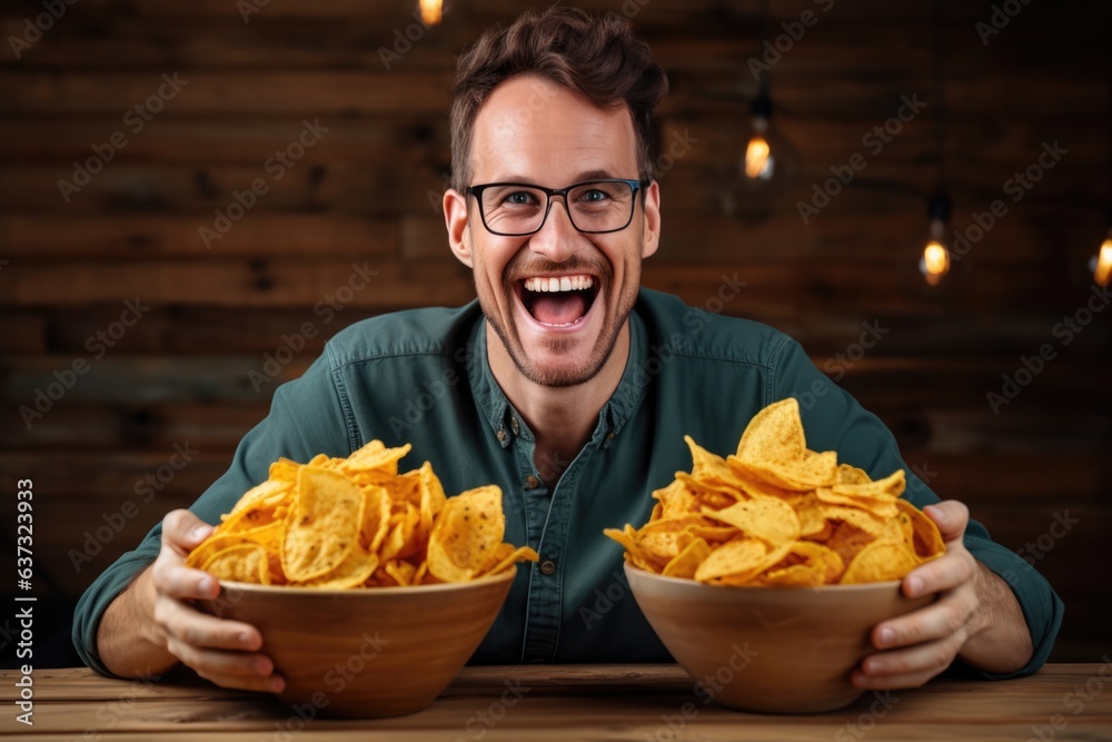 Happiness Man Holds And Eats Nacho Chips On Wooden Plank Background. Сoncept Joyful Living, Being Present, Healthy Eating, Homecooked Meals - obrazy, fototapety, plakaty 