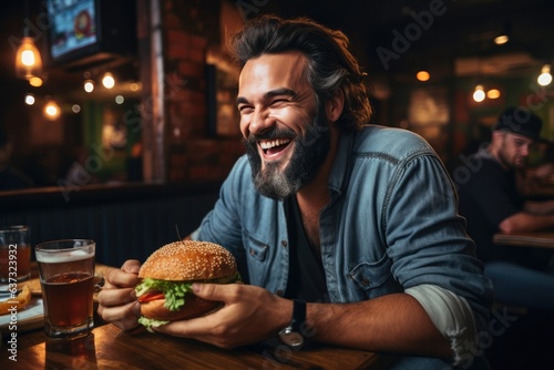 Happiness Man Holds And Eats Pulled Pork Sandwich On In A Rustic Pub.   oncept Happiness  Man Holds Eats  Pulled Pork Sandwich  Rustic Pub