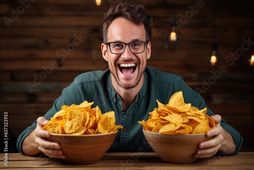 Happiness Man Holds And Eats Nacho Chips On Wooden Plank Background. Сoncept Joyful Living, Being Present, Healthy Eating, Homecooked Meals