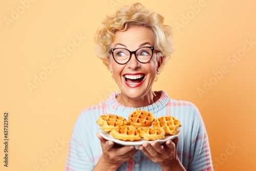 Happiness Middleaged Woman Holds And Eats Waffles On Pastel Background. Сoncept Happiness, Middleaged Women, Comfort Food, Pastel Aesthetics