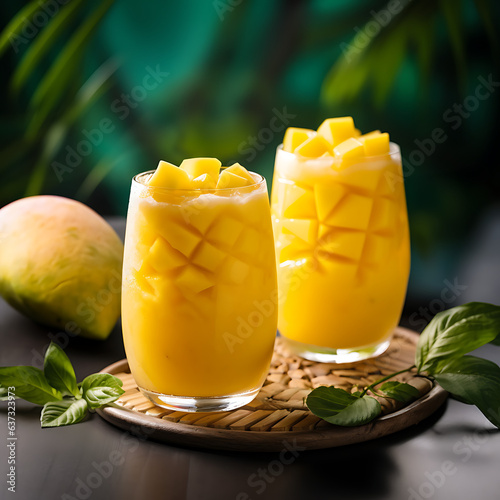 Fresh Mango juice with fresh mango slices in a glass. Mango Smoothie with fresh mango slices in a glass. Close up for design concept of smoothie drink in a glass on summer background.