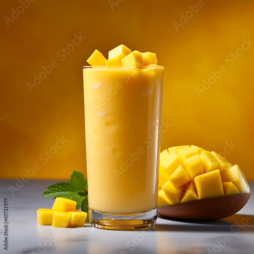Fresh Mango juice with fresh mango slices in a glass. Mango Smoothie with fresh mango slices in a glass. Close up for design concept of smoothie drink in a glass on yellow background.