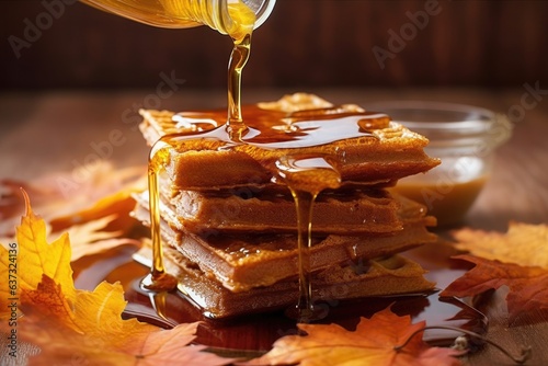 maple syrup drizzling over waffles