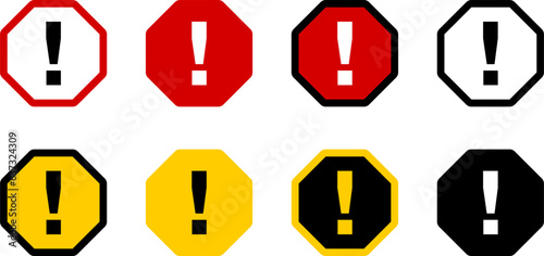 Warning Attention Exclamation Mark Symbol Icon Set with Red Black Yellow and White Octagonal Traffic Sign Elements. Vector Image.