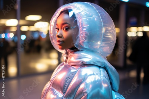 Surprise African Girl Stand In A Holographic Puffer On At The Airport . Сoncept Surprise African Girl, Holographic Puffer, Airports, Technology