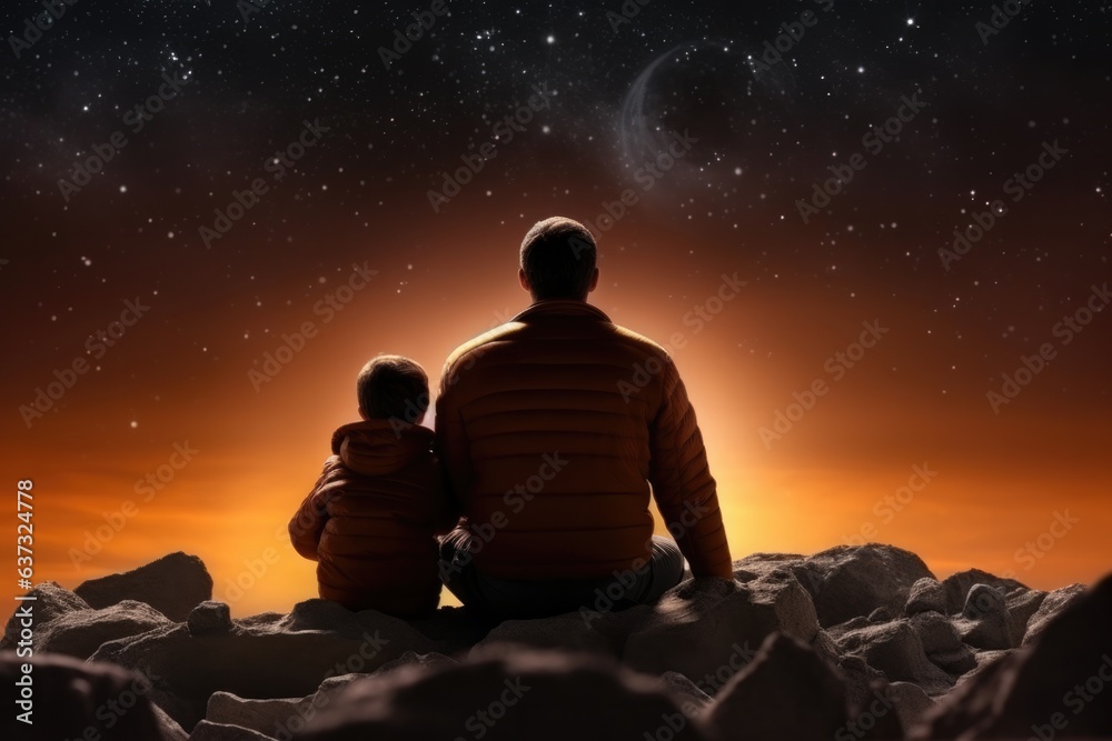 Surprise Father And Son Sit In A Tracksuits On The Big Moon Background
