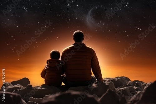 Surprise Father And Son Sit In A Tracksuits On The Big Moon Background