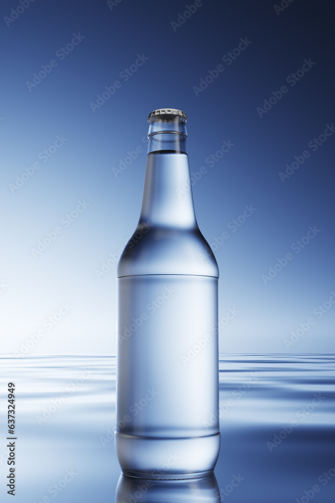 Glass bottle with water on a blue background. 3d render. Glass bottle with water on a blue background. 3d render.