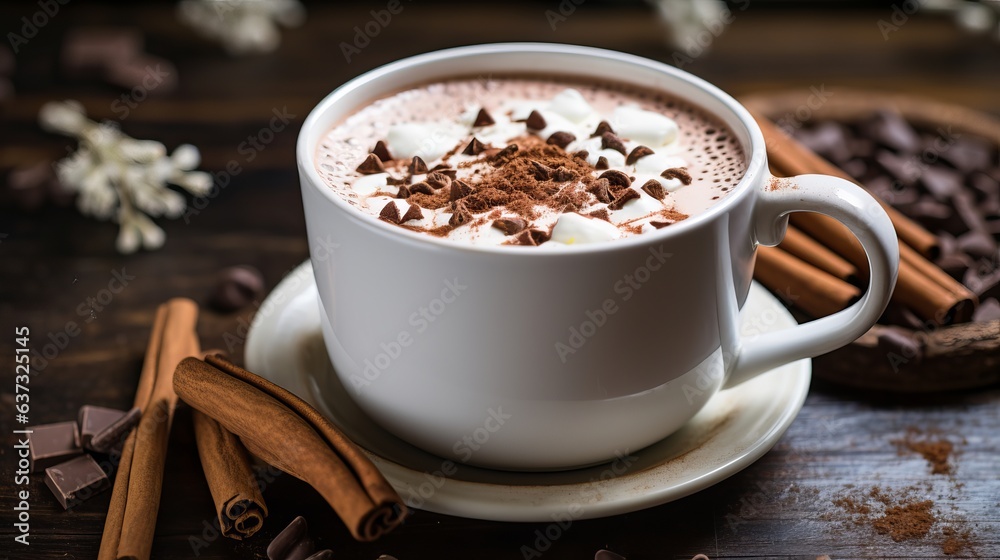 Homemade hot chocolate in a white enamel mug Homemade hot chocolate in a white enamel mug
