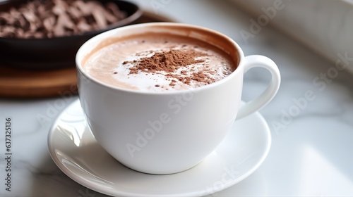 Homemade hot chocolate in a white enamel mug