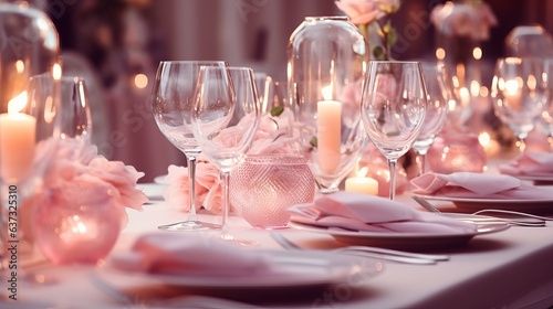Pink Tables set for an event party or wedding reception. Luxury elegant table setting dinner in a restaurant. glasses and dishes