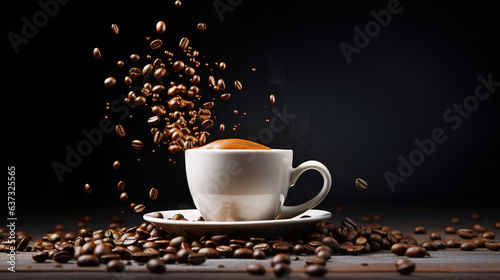 Coffee beans falling into a cup of coffee.Generative Ai