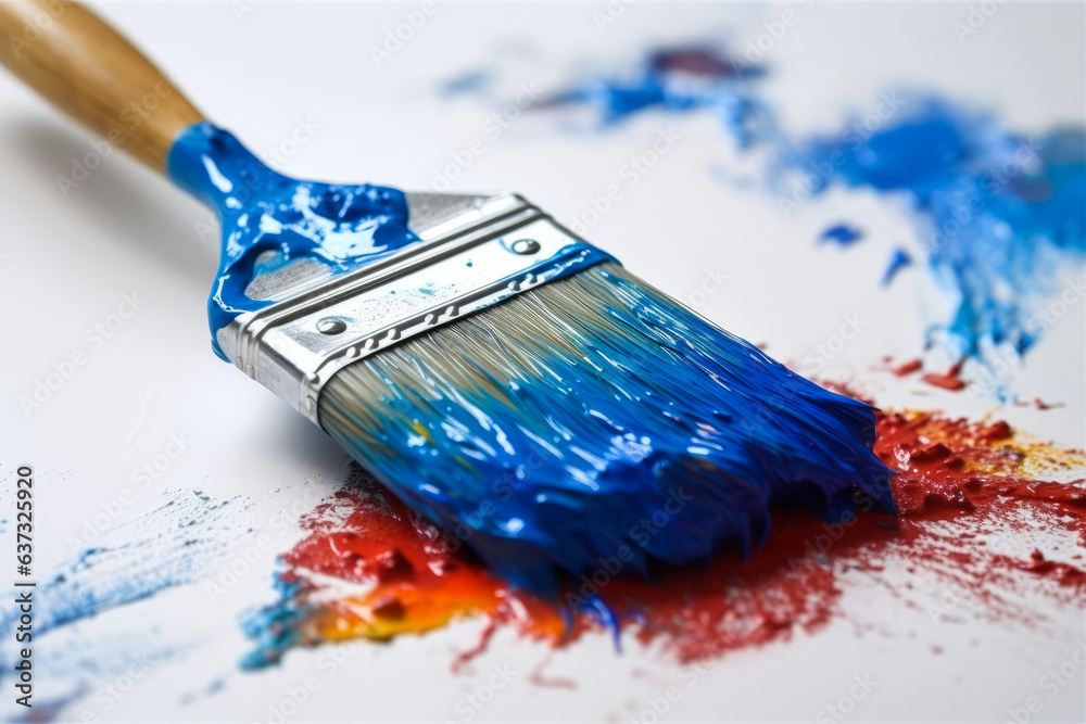 Fototapeta premium Captivating depiction of creativity in action, showing a paint brush, white wall backdrop, and airborne sprinkles of blue paint, embodying camaraderie in house decoration.