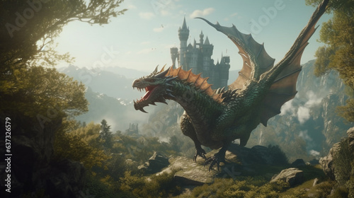 An ancient dragon with a fantasy kingdom in the background, Generative AI art © Peggy