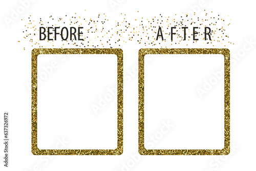 Frames before and after. Comparison banner with blank space. golden shiny Template for graphic design. Vector illustration.