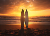 A beach scene bathed in the warm hues of a sunset, featuring a surfer with a board, surrounded by the tranquil beauty of the sea, sky, and sand