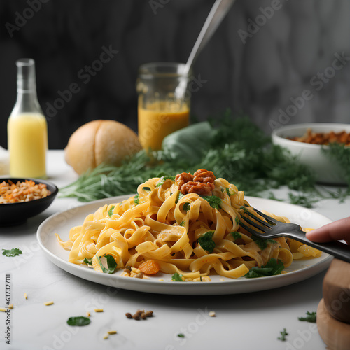 Tagliatelle pasta with bottarga. Italian Food.