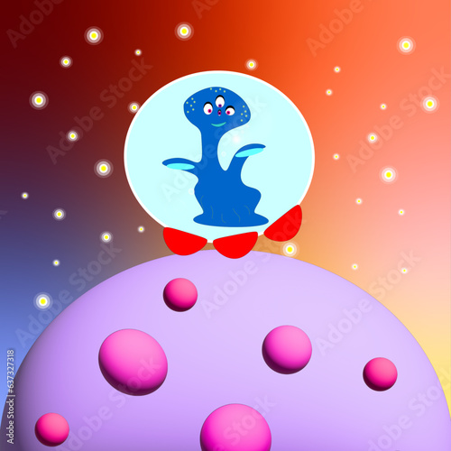An alient in the spaceship at the violet 3d planet