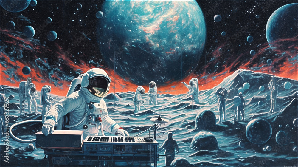 space rave party with a dj astronaut on the mars planet, dj mixer ...