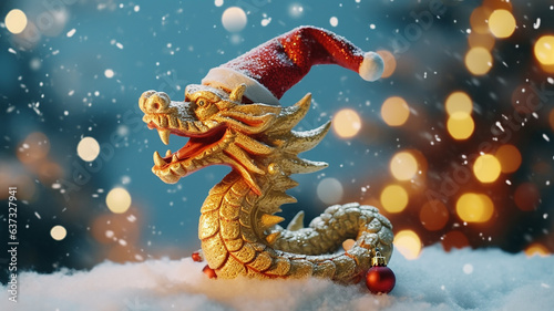 golden dragon in a Santa Claus hat for the new year against the background of bokeh and snow