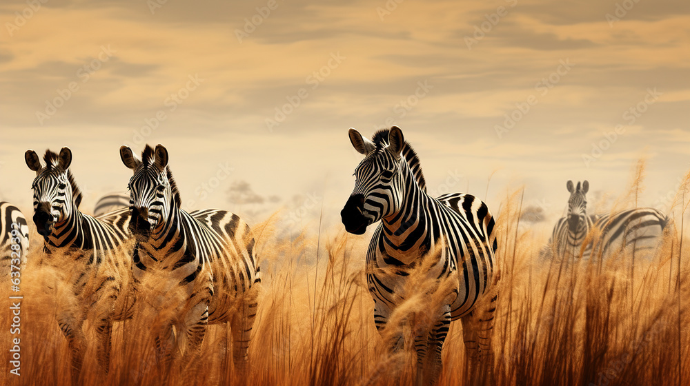 A herd of zebras running through a field.Generative Ai - obrazy, fototapety, plakaty 