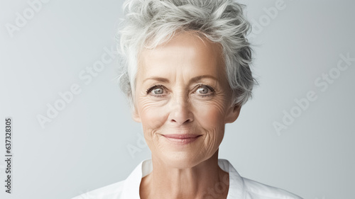 Portrait of a beautiful smiling old woman with white hair. Mature old lady close up portrait. 