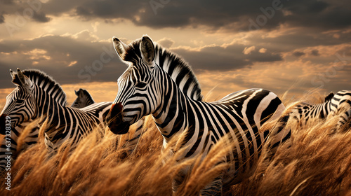 A herd of zebras running through a field.Generative Ai