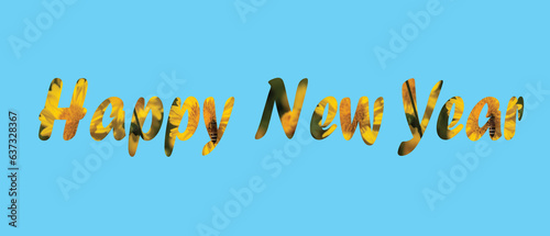 The English alphabet writes the Happy New Year pattern, in the letters there are various flower patterns, which are used to entertain tourists, with a blue background.
