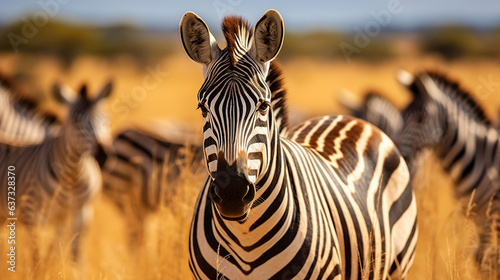 A herd of zebras running through a field.Generative Ai © Shades3d