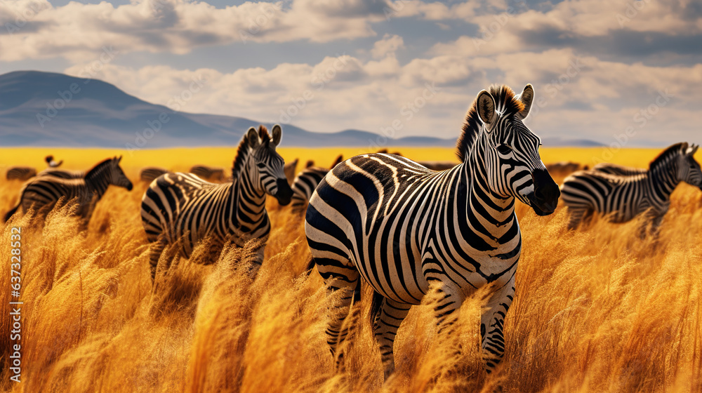 A herd of zebras running through a field.Generative Ai - obrazy, fototapety, plakaty 