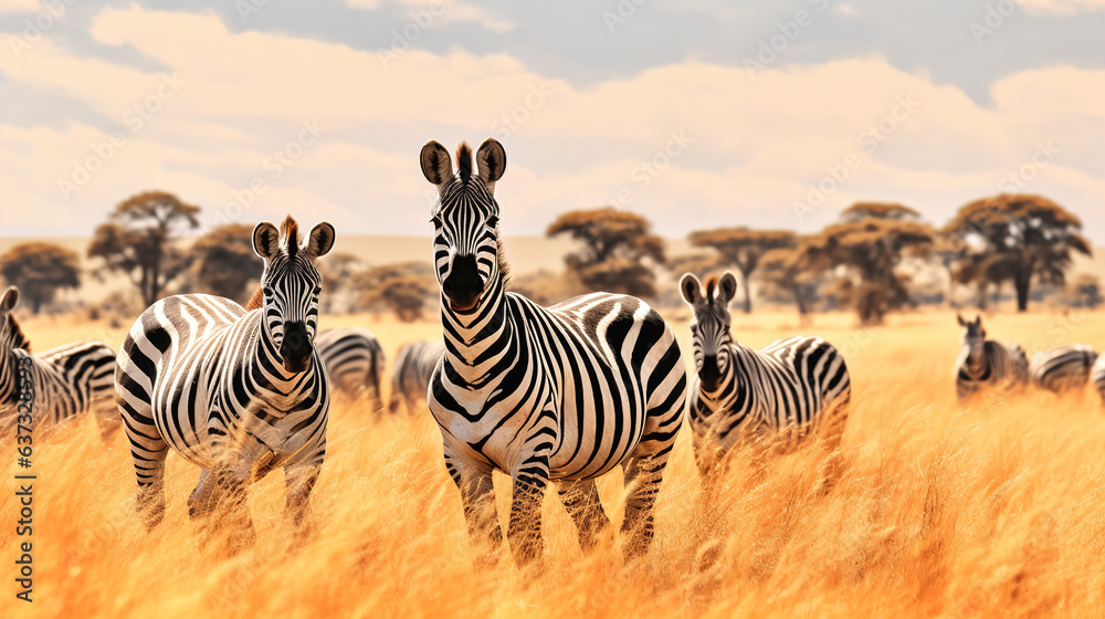 Obraz premium A herd of zebras running through a field.Generative Ai