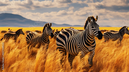 A herd of zebras running through a field.Generative Ai photo
