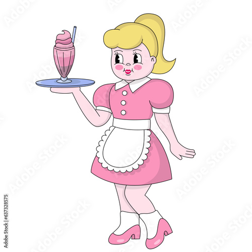 Cheerful girl waitress in a pink uniform with a tray and a cocktail in her hands. Vector illustration in groove style.Cute baby girl cartoon style picture 