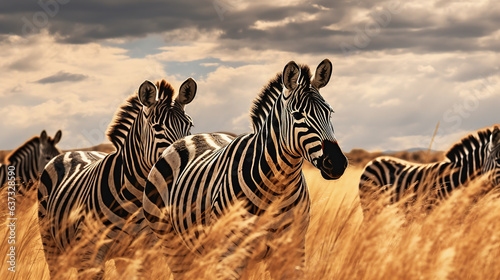 A herd of zebras running through a field.Generative Ai