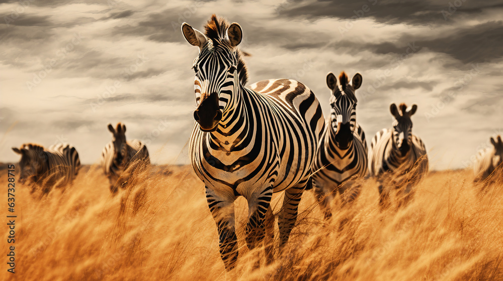 Fototapeta premium A herd of zebras running through a field.Generative Ai