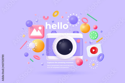 3d minimal photo camera on pastel background with shadow. 3d simple snapshot camera icon concept. Volumetric design for creative photos. Lens isolated. 3d Vector render illustration